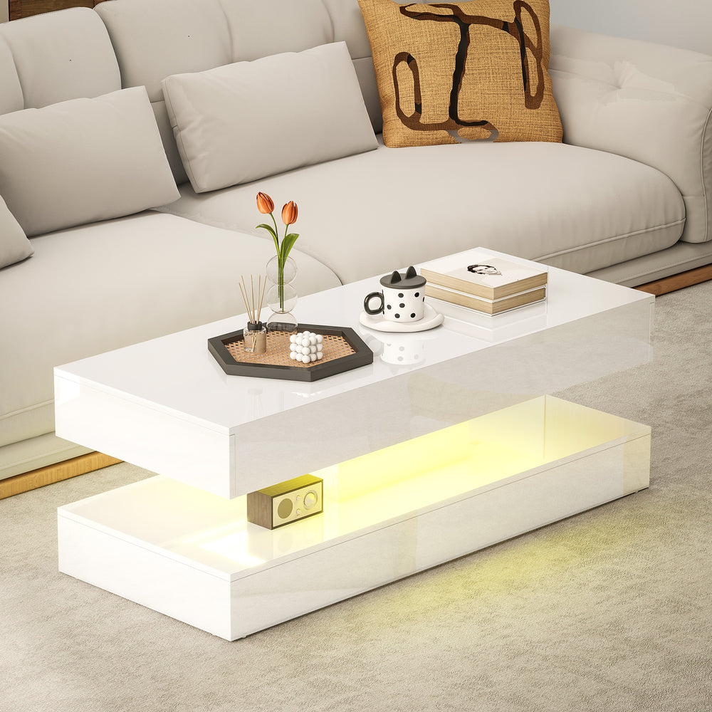 Table basse avec éclairage LED réglable et 2 tiroirs, blanc brillant