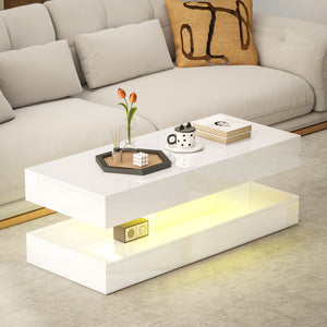 Table basse avec éclairage LED réglable et 2 tiroirs, blanc brillant