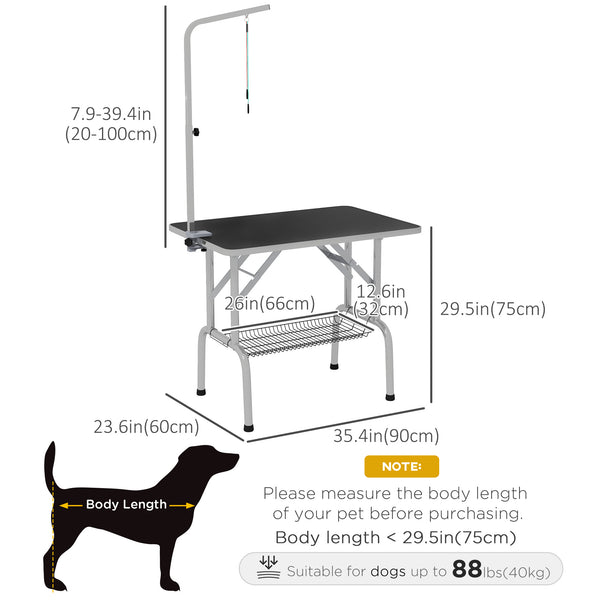 Table de toilettage pliable avec bras de toilettage réglable en hauteur et étagère de rangement, noire