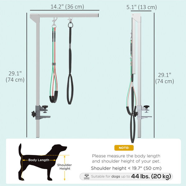 Adjustable grooming arm with clamp, hip supports, and grooming loop