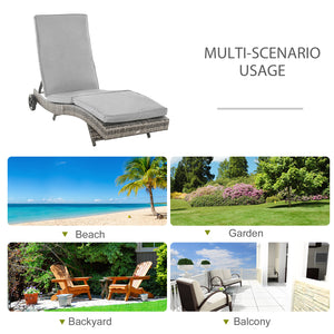 Outdoor Adjustable Wicker Chaise Lounge Chair with Cushion & Wheels for Patio, Deck, Poolside, Grey