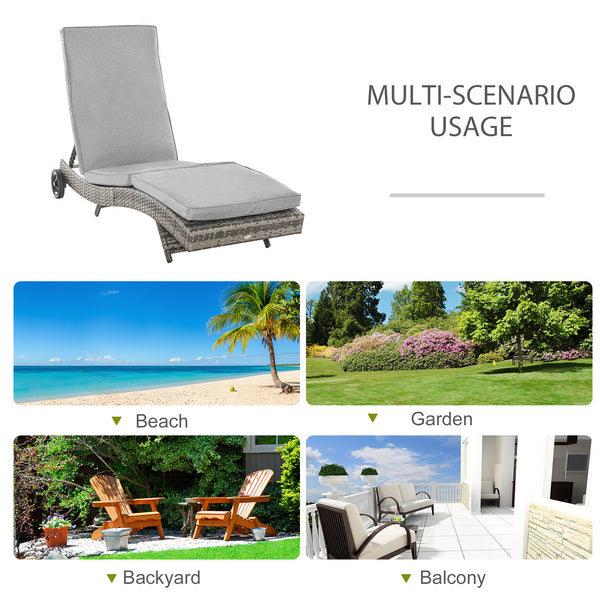 Outdoor Adjustable Wicker Chaise Lounge Chair with Cushion & Wheels for Patio, Deck, Poolside, Grey