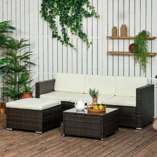 Ensemble de mobilier de jardin  3 pièces avec coussins, table basse en verre et pieds réglables, blanc crème