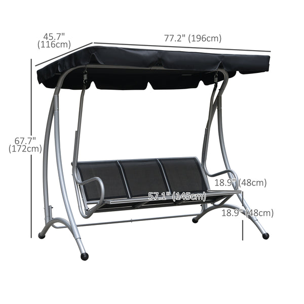 3-Seater Outdoor Swing Chair Bench with Adjustable Canopy, Black