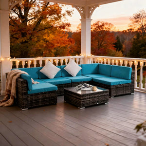 7-piece rattan furniture set with cushions and coffee table, blue