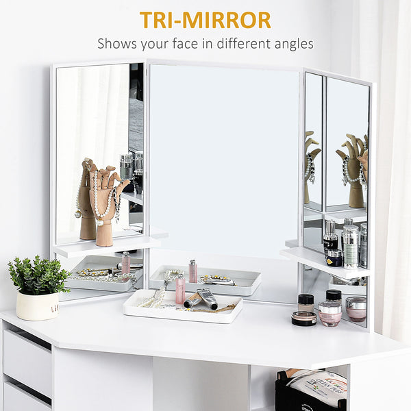 Coiffeuse d'angle avec miroir 3 pièces et 5 tiroirs, blanc