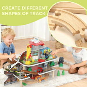 79-piece wooden mine-themed train set with crane, helicopter, tracks and accessories, for boys and girls aged 3 and up