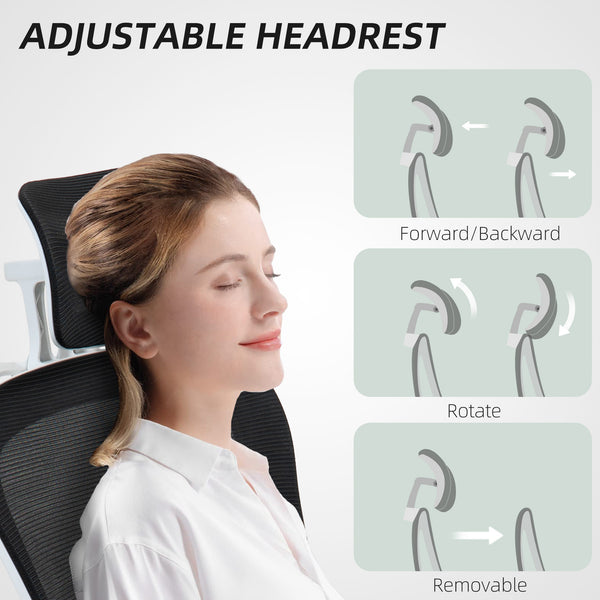 Chaise de bureau ergonomique en maille avec accoudoirs relevables, appui-tête pivotant et soutien lombaire réglable, noir