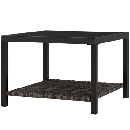 Table basse d'extérieur avec plateau en verre trempé et étagère de rangement pour terrasse, jardin et balcon, noire