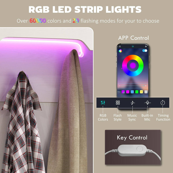 Meuble d'entrée 3 en 1 avec éclairage LED et banc, porte-manteau et rangement pour chaussures, grain de bois blanc