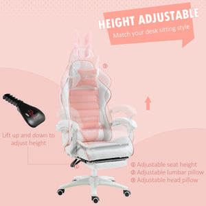 PU leather gaming chair with footrest, headrest and lumbar support, white and pink