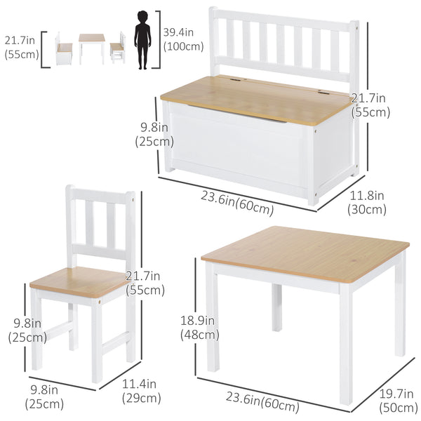 4 Piece Kids Set, Table, Chair, Wooden Bench, Natural and White