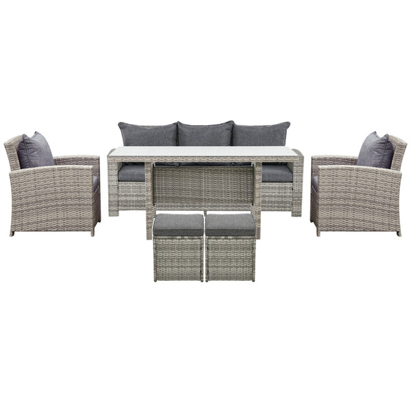 Ensemble de meubles de jardin 6 pièces, en rotin, avec canapé 3 places, fauteuils, repose-pieds et table, gris clair