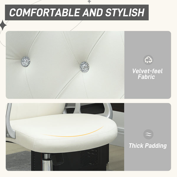 Chaise de bureau en velours avec roulettes pivotantes, hauteur réglable, fonction inclinable, blanc cassé