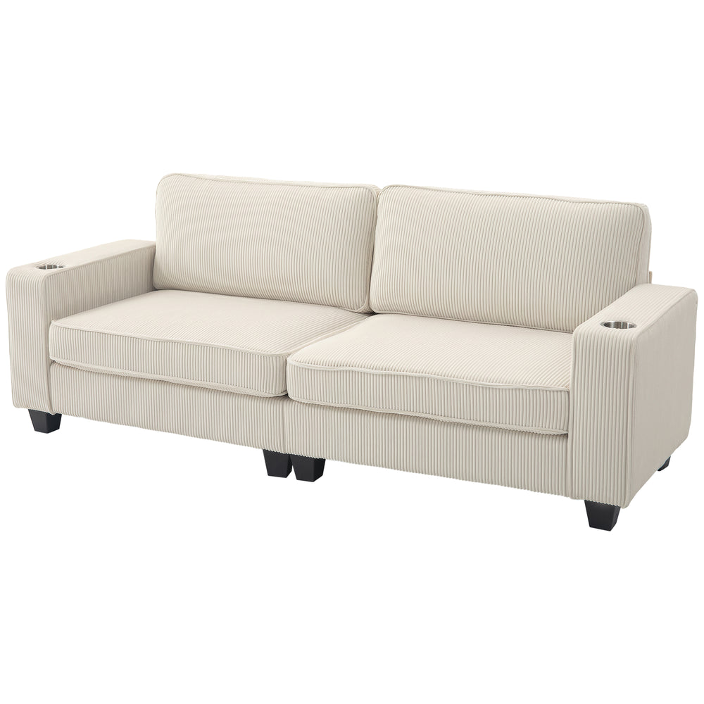 Canapé 3 places en tissu blanc crème avec coussins à ressorts intégrés et porte-gobelets pratiques, parfait pour un salon ou une chambre confortable et moderne