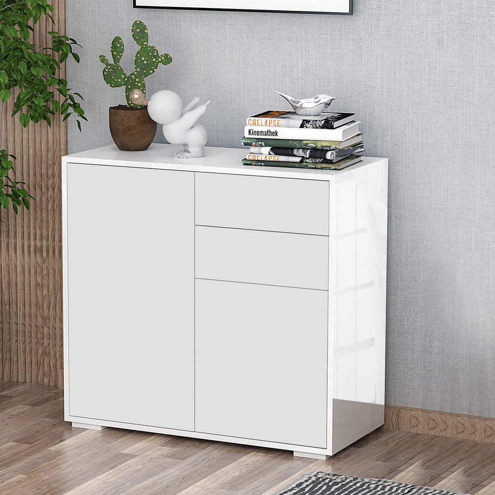 Buffet laqué brillant avec 2 tiroirs, 2 portes et une étagère réglable, ouverture par simple pression, blanc
