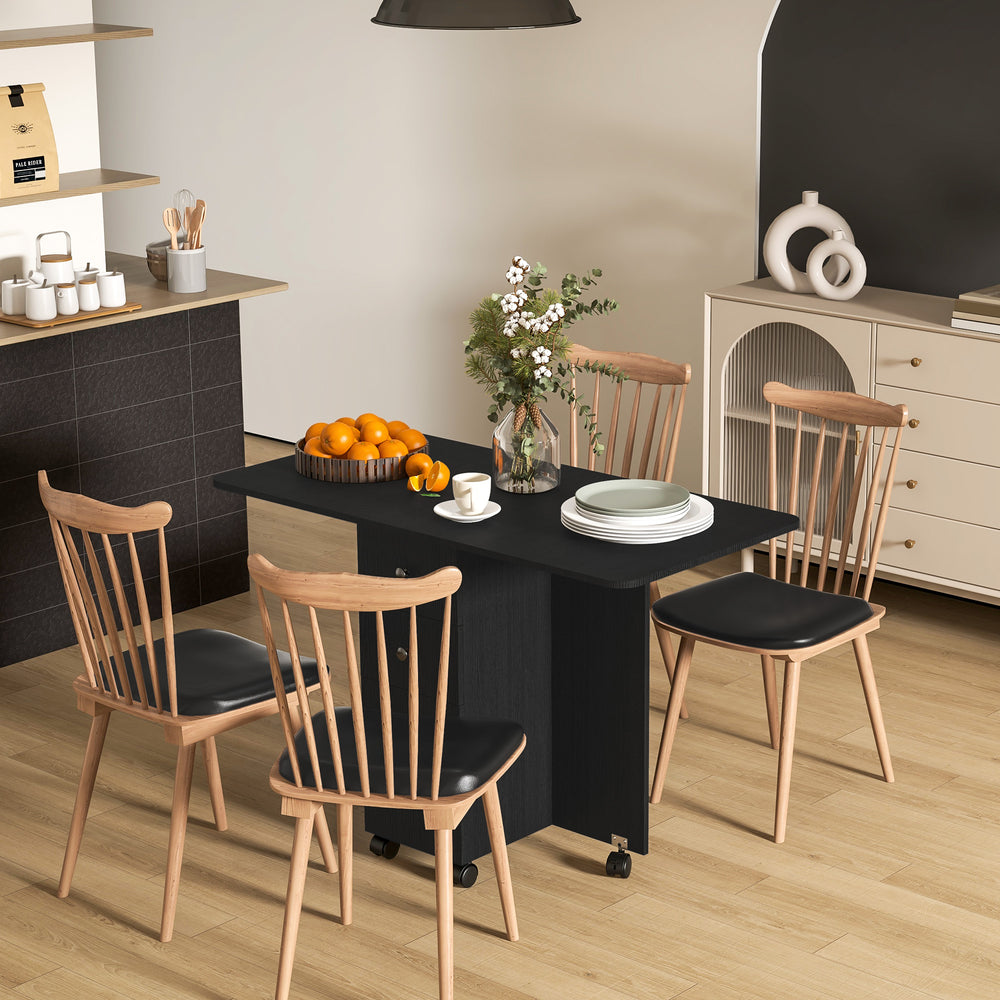 Table de salle à manger rabattables sur roulettes avec tiroirs et placard, noire