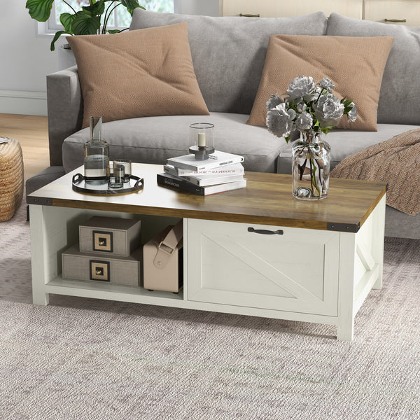 Table basse industrielle avec tiroir et étagère de rangement, blanc et effet bois