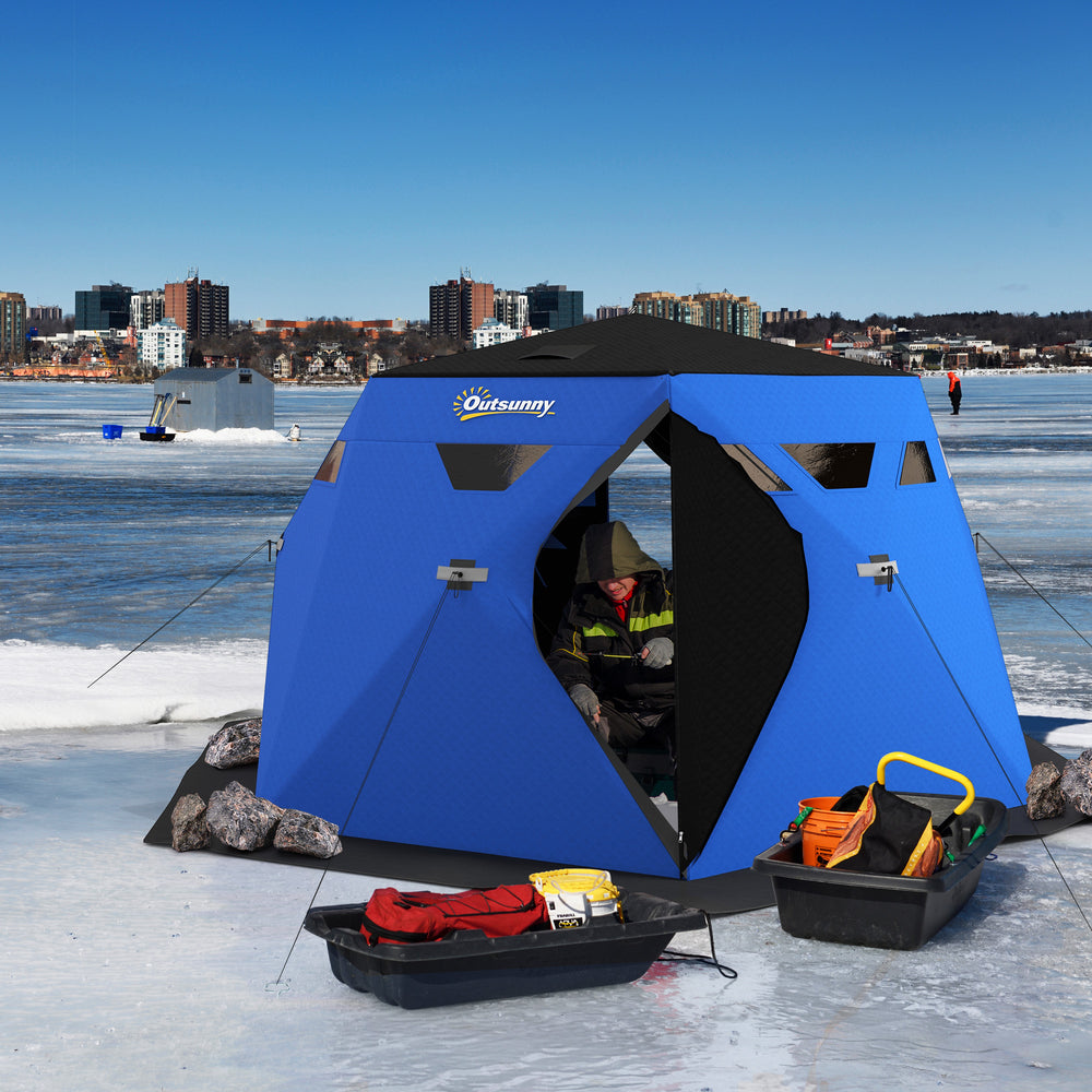 Abri de pêche sur glace isolé pour 4 personnes portable et pliable avec sac de transport et deux portes pour des températures jusqu'à -30 °C, bleu