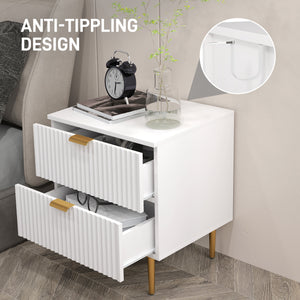 Table de chevet moderne avec 2 tiroirs, pieds en métal pour salon, chambre, blanc