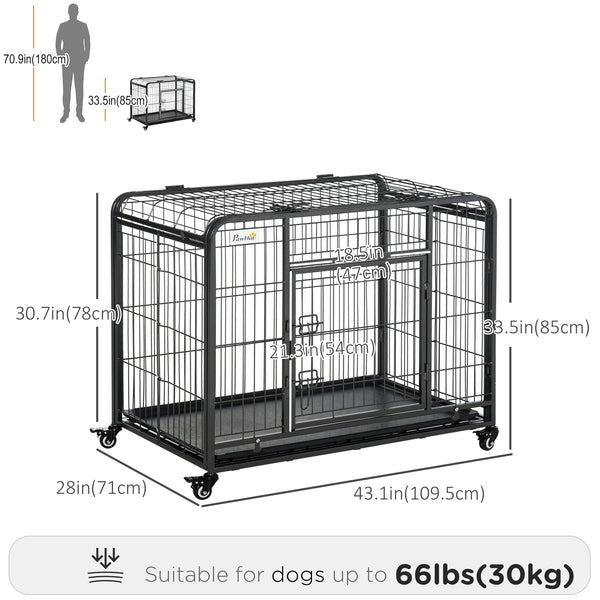 Cage pliable et robuste avec double porte, roulettes verrouillables et plateau