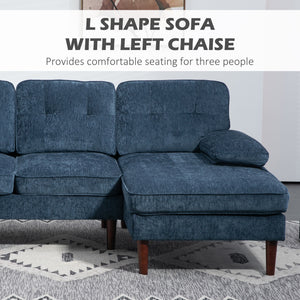 Modern corner sofa with chaise longue, 3 seater upholstered with wooden legs for living room, navy blue