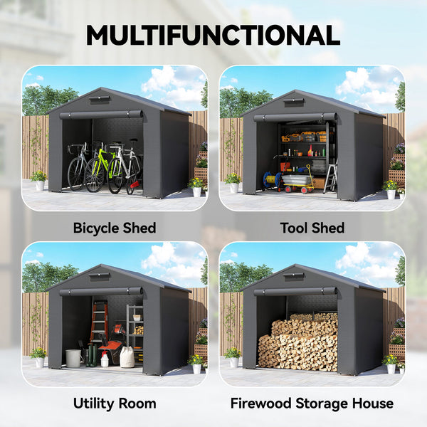 Waterproof portable garden shed with roll-up zip door, dark grey