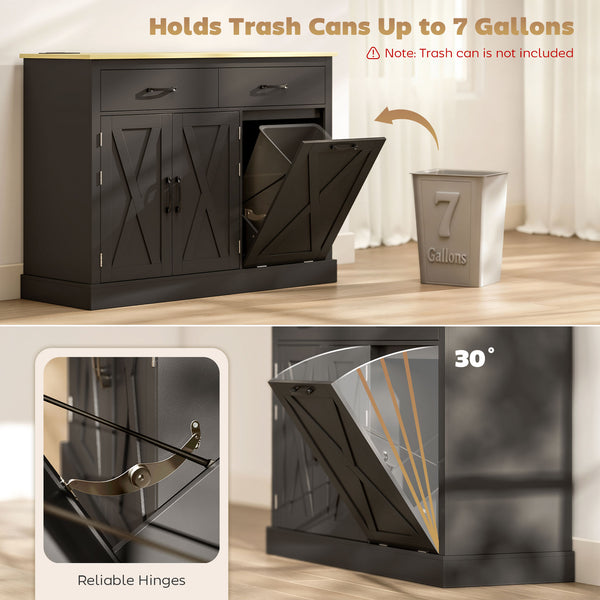 7-Gallon Tilt-Out Trash Cabinet with Charging Station, 2 Drawers, 4 Door Shelves, Black