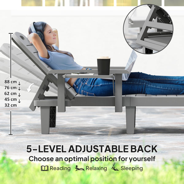 Set of 2 Tanning Chair, 5 Positions Adjustable Outdoor Lounge Chairs with Foldable Side Table, Dark Grey