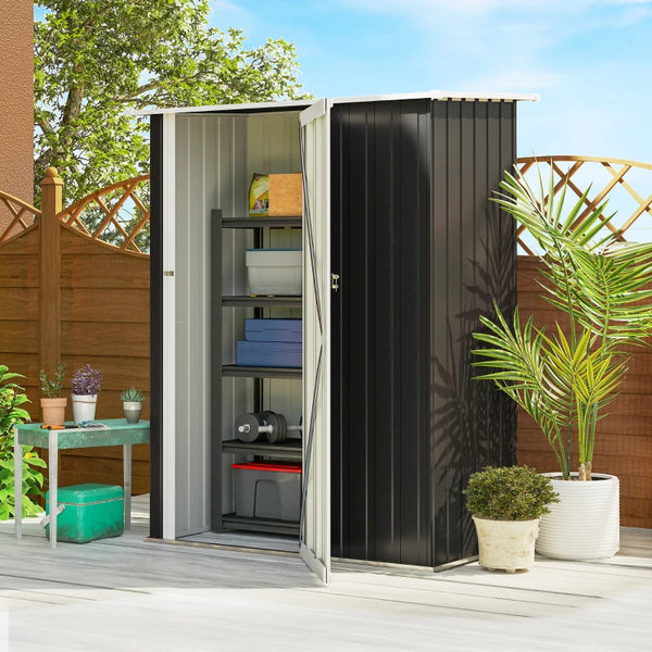 Abri de jardin en métal avec toit incliné et porte verrouillable pour outils, gris