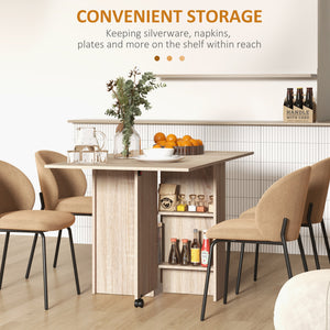 Table pliante pliable avec étagères à 2 niveaux et roulettes, bois naturel