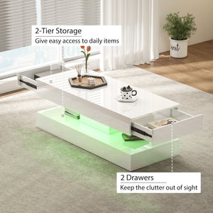 Table basse avec éclairage LED réglable et 2 tiroirs, blanc brillant