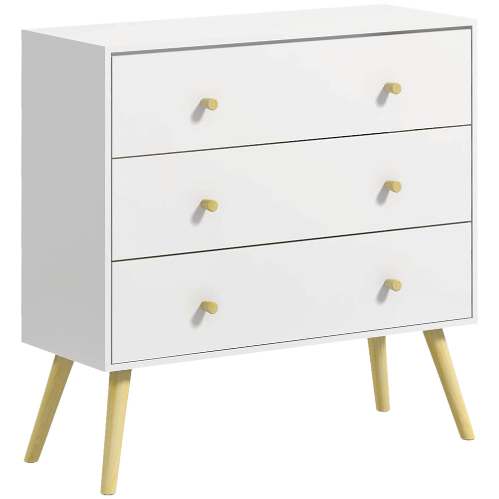 Commode blanche avec 3 tiroirs, commode moderne avec pieds et poignées en bois massif, blanc
