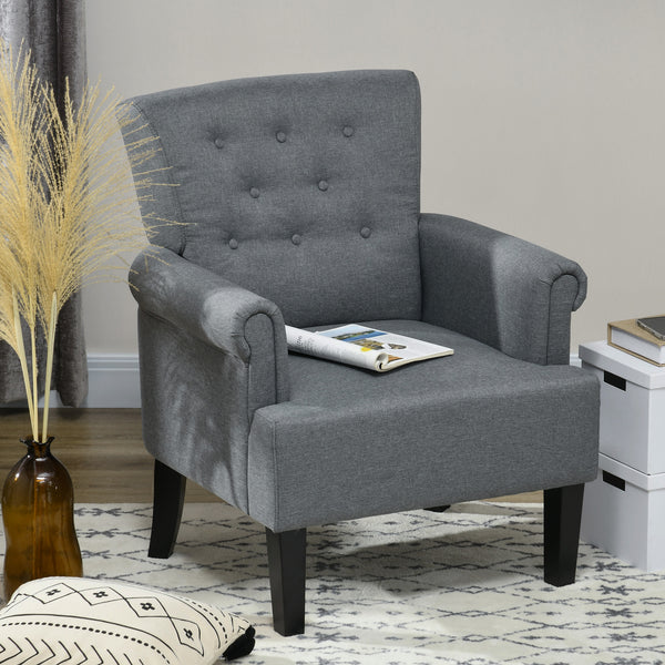 Fauteuil d'appoint en tissu avec pieds en bois et accoudoirs arrondis, gris