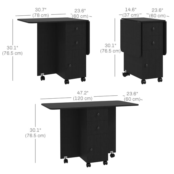 Table de salle à manger rabattables sur roulettes avec tiroirs et placard, noire