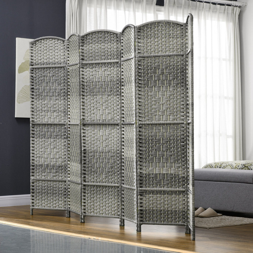 Cloison de séparation pliable à 6 panneaux, cloison tissée à la main, gris mélangé
