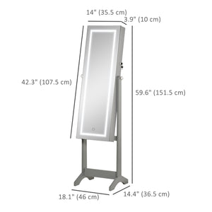 Armoire à bijoux verrouillable avec éclairage LED, miroir sur pied, gris