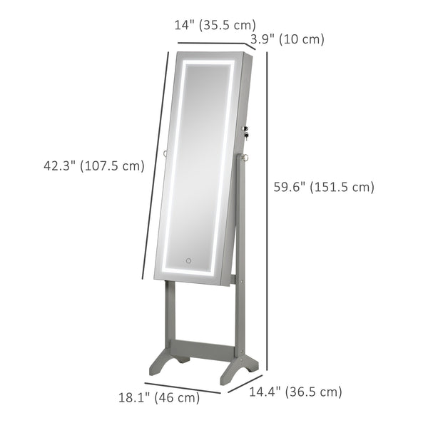 Armoire à bijoux verrouillable avec éclairage LED, miroir sur pied, gris