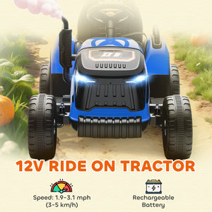 Tracteur 12 V bleu avec remorque, télécommande, musique, lumières, levier de vitesse