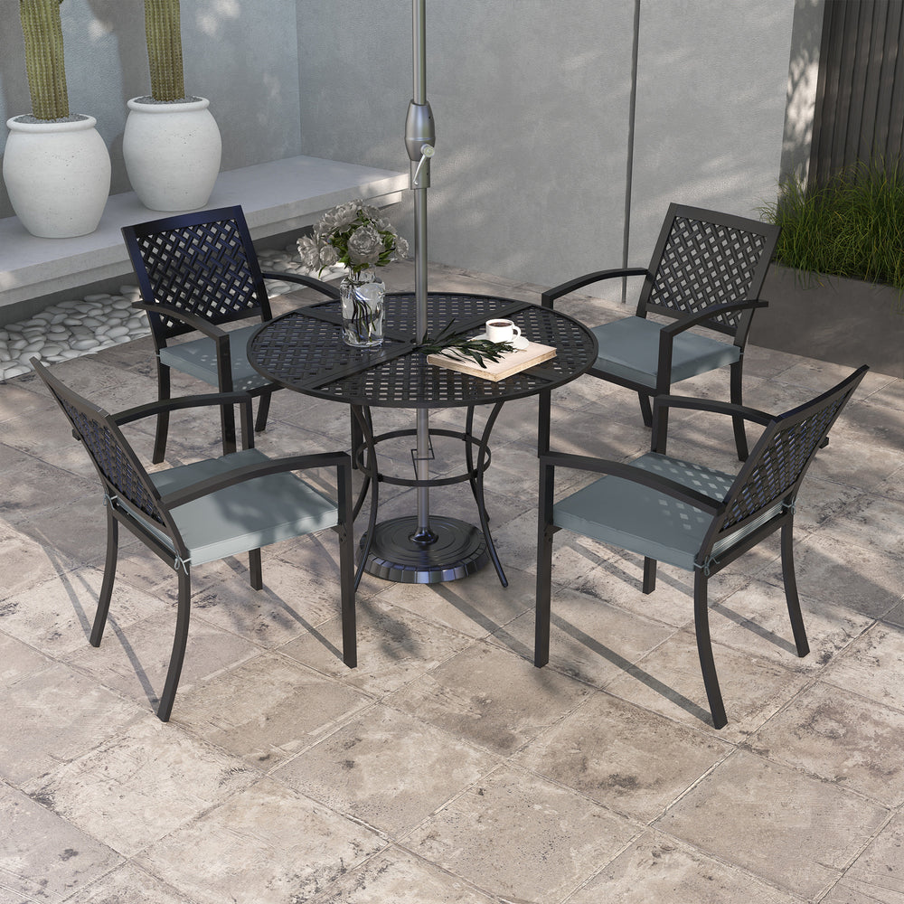 Ensemble de salle à manger d'extérieur 5 pièces avec 4 fauteuils empilables rembourrés, ensemble de meubles de patio avec trou pour parasol, gris