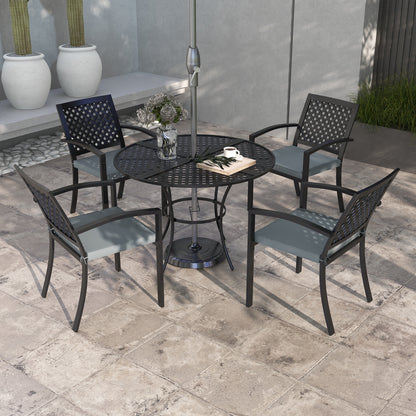 Outsunny 5-Piece Outdoor Dining Set with 4 Padded Stacking Armchairs, Patio Furniture Set with Umbrella Hole, Metal Table, for Garden, Patio, Poolside, Lawn, Backyard, Grey 