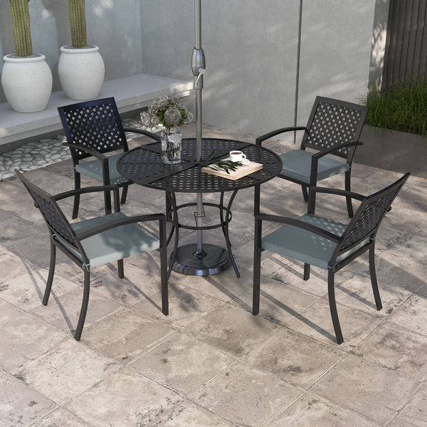 Ensemble de salle à manger d'extérieur 5 pièces avec 4 fauteuils empilables rembourrés, ensemble de meubles de patio avec trou pour parasol, gris