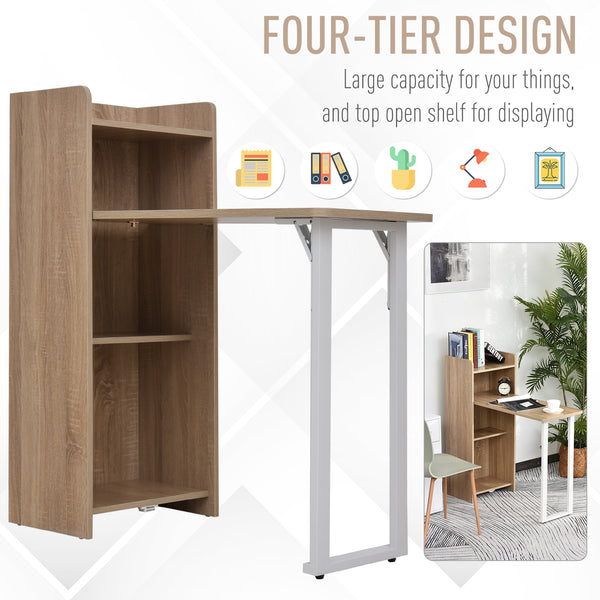 Table pliante 2 en 1 avec étagère à 4 niveaux pour petits espaces, chêne