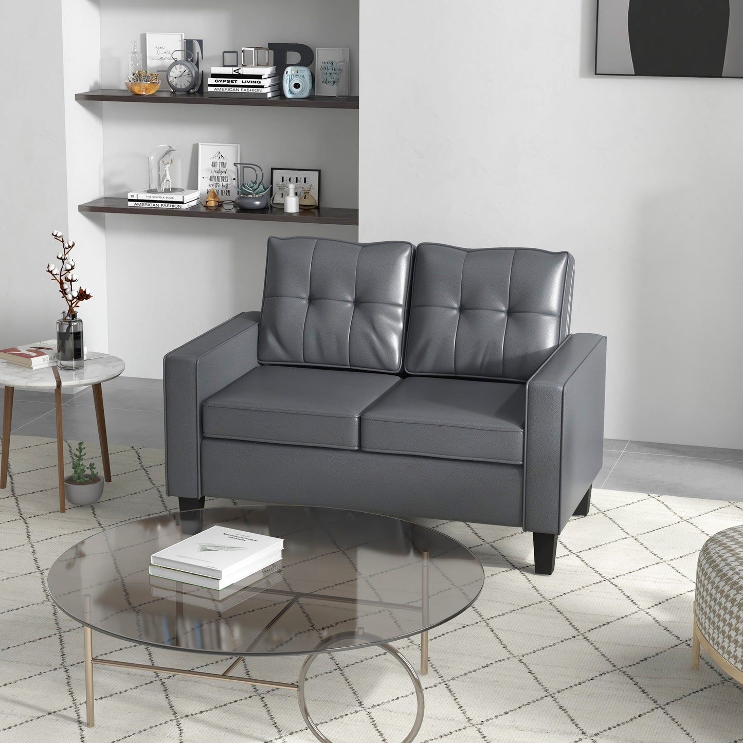 Upholstered faux leather loveseat with armrests, pocket spring cushion, gray