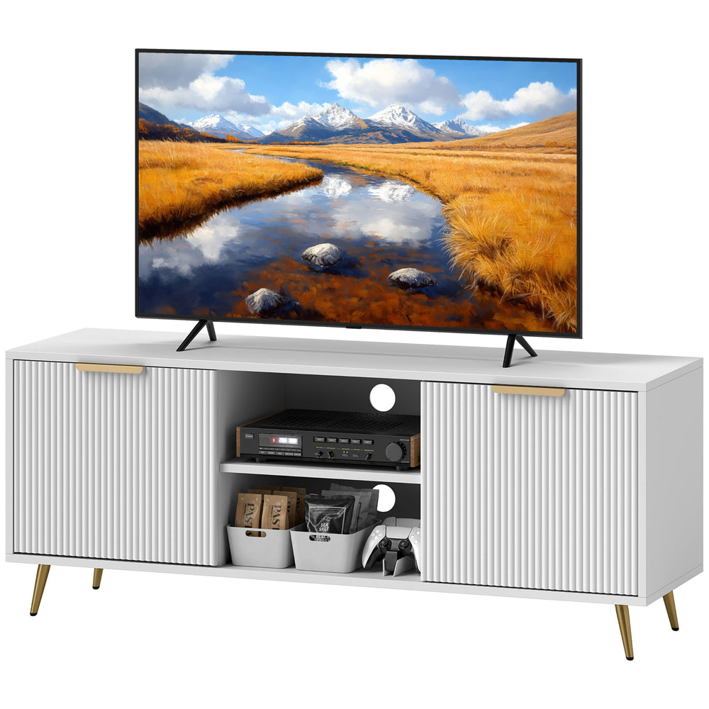Meuble TV avec rangement pour télé 55 pouces avec 2 étagères ouvertes, blanc
