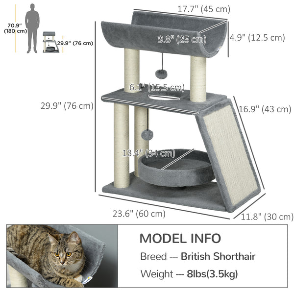 Small cat tree with perch, scratching posts, mat, bed and play balls, light gray
