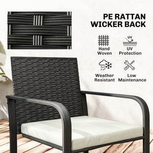 3-Piece Outdoor Wicker Bistro Set with Mesh Seating, Glass Top Table, and Cushions, Cream