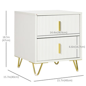 Table de chevet moderne avec 2 tiroirs et pieds en métal blanche