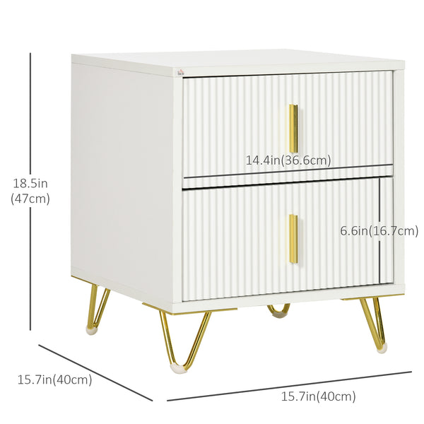 Table de chevet moderne avec 2 tiroirs et pieds en métal blanche