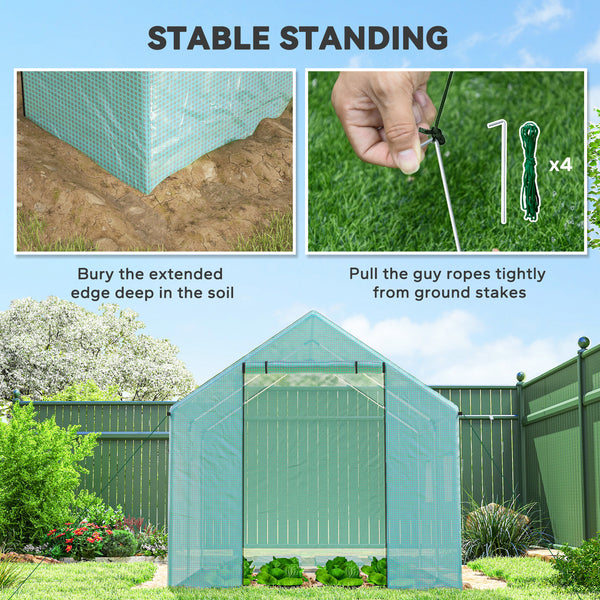 UV and wind resistant tunnel greenhouse with mesh door and windows, green